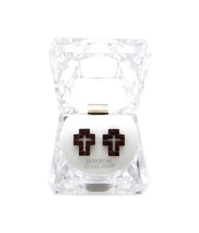 Rhinestone Cross Surgical Steel Stud Earrings in Red/Hematite-Tone