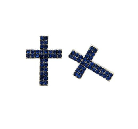 Double Row Blue Stone Cross Stud Earrings in Silver-Tone
