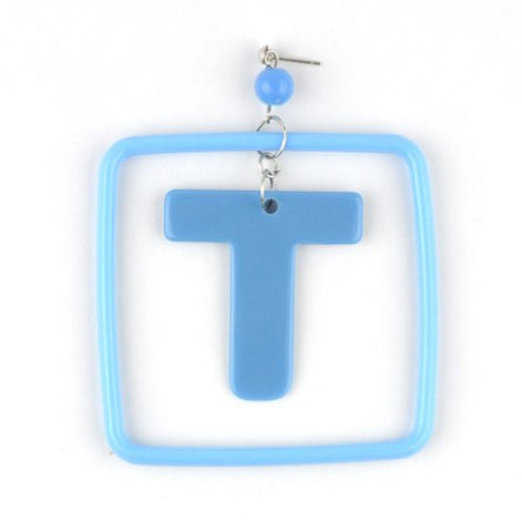 Initial Letter T Dangling Charm Blue Acrylic Drop Earrings