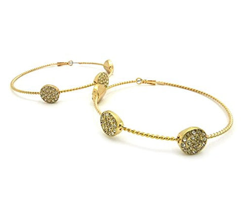 Rhinestone Circle Charm 3.15" Rope Style Hoop Earrings in Gold-Tone