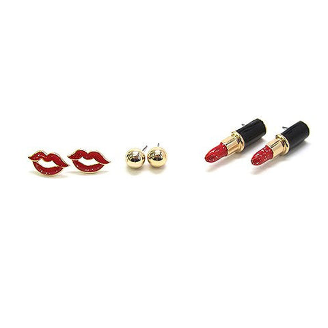 Lips, Lipstick, Ball Stud Earrings Set in Red/Gold-Tone