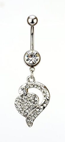 Clear Rhinestone Heart Charm Surgical Steel Belly Ring in Silver-Tone
