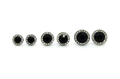 Rhinestone Cluster Faux Onyx Stud Earrings 3 Piece Gift Set - 10, 12, 15mm in Silver-Tone