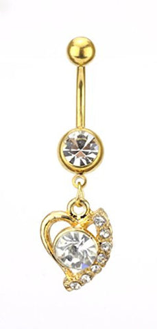 Clear Rhinestone Stud Heart Charm Surgical Steel Belly Ring in Gold-Tone