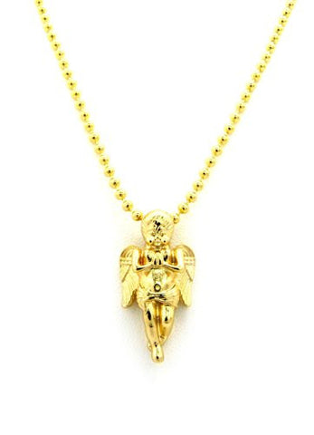 Solid Wing Angel Extra Small Micro Pendant w/ 27" Ball Chain - Gold Tone MMP55G