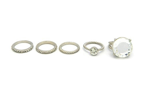 5 Piece Simple Thin Multi-Style Midi Ring Set with Big Rhinestone Accent Piece