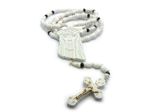 Jesus Face and Crucifix Cross Pendant Wood Rosary Necklace in White/Gold-Tone