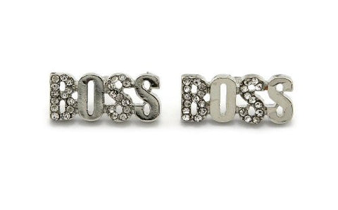 Rhinestone Pave BOSS Stud Earrings in Silver-Tone