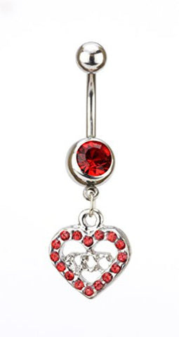 Red Rhinestone Sexy Inscription Heart Charm Surgical Steel Belly Ring in Silver-Tone