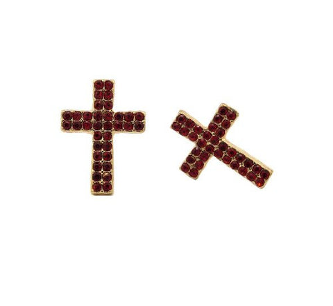 Double Row Red Stone Cross Stud Earrings in Gold-Tone