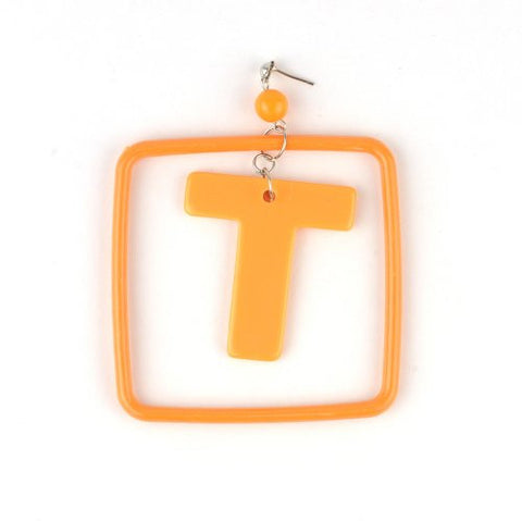 Initial Letter T Dangling Charm Orange Acrylic Drop Earrings
