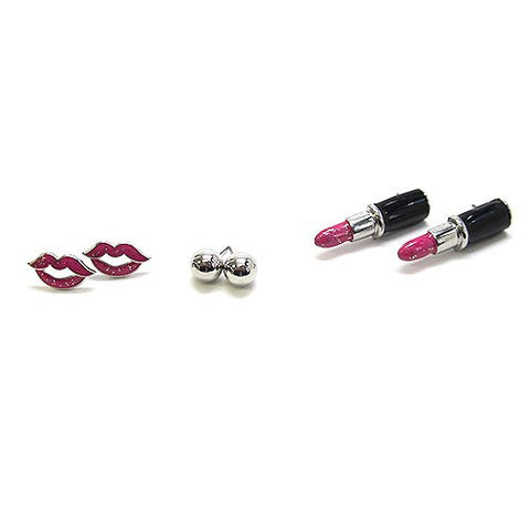 Lips, Lipstick, Ball Stud Earrings Set in Pink/Silver-Tone