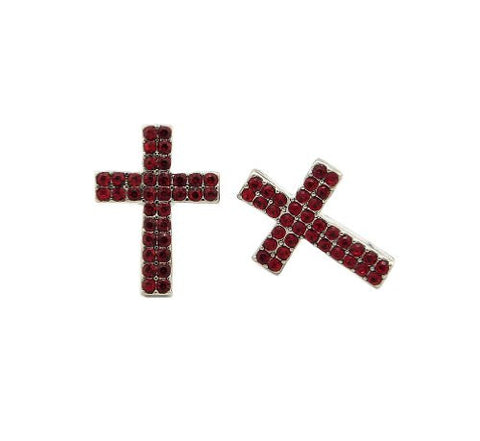 Double Row Red Stone Cross Stud Earrings in Silver-Tone
