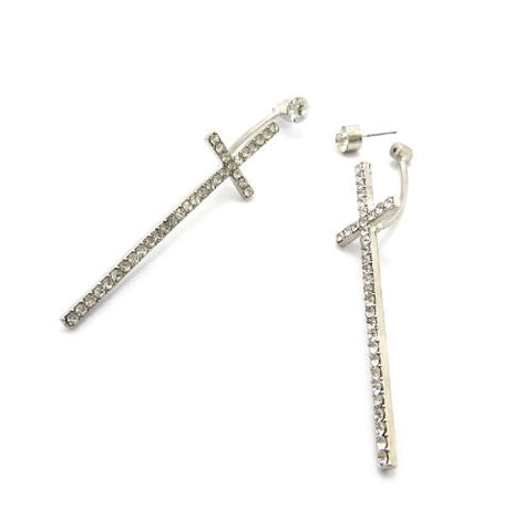 Silver Color Rhinestone Cross Unique Drop Earrings OE1053RDCLR
