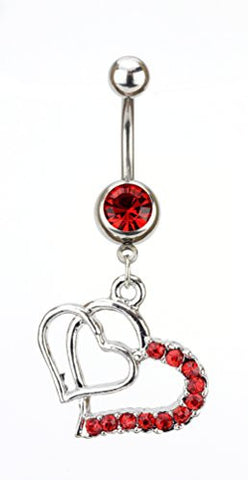 Red Stone Double Heart Charm Surgical Steel Belly Ring in Silver-Tone