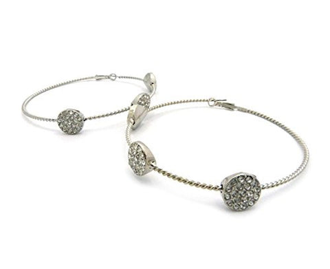 Rhinestone Circle Charm 3.15" Rope Style Hoop Earrings in Silver-Tone