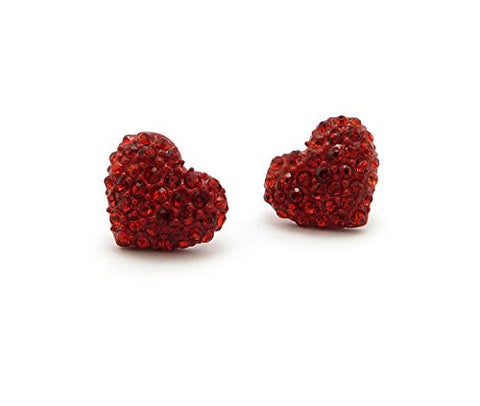Red Stone Pave Heart Stud Earrings in Gold-Tone