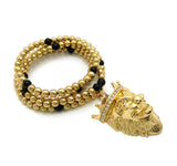 Stone Stud Crown King Lion Pendant with 6mm 30" CCB Bead Necklace, Gold-Tone