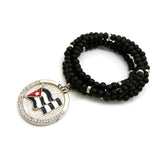 Stone Stud Cuba Waving Flag Medal Pendant with 6mm 30" Wood Bead Color Disc Necklace, Black Wood/Silver-Tone