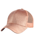 C.C Ponycap Messy High Bun Ponytail Adjustable Glitter Mesh Trucker Baseball Cap, Rose Gold