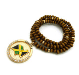 Stone Stud Jamaica Waving Flag Medal Pendant with 6mm 30" Wood Bead Color Disc Necklace, Brown Wood/Gold-Tone
