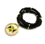 Stone Stud Jamaica Waving Flag Medal Pendant with 6mm 30" Wood Bead Color Disc Necklace, Black Wood/Gold-Tone