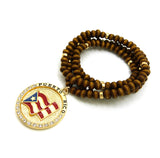 Stone Stud Puerto Rico Waving Flag Medal Pendant with 6mm 30" Wood Bead Color Disc Necklace, Brown Wood/Gold-Tone