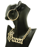 Stone Stud Crowned Queen Pendant Chain Necklace with Pincatch Hoop Earrings Jewelry Set