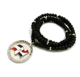 Stone Stud Dominican Republic Waving Flag Medal Pendant with 6mm 30" Wood Bead Color Disc Necklace, Black Wood/Silver-Tone