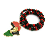 Power Fist on Pan Africa Continent Pendant with 6mm 36" Multicolored Wood Bead Necklace, Gold-Tone
