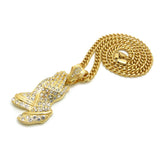 Stone Stud Praying Hands Pendant with 6mm Cuban Chain in Gold-Tone, 36"