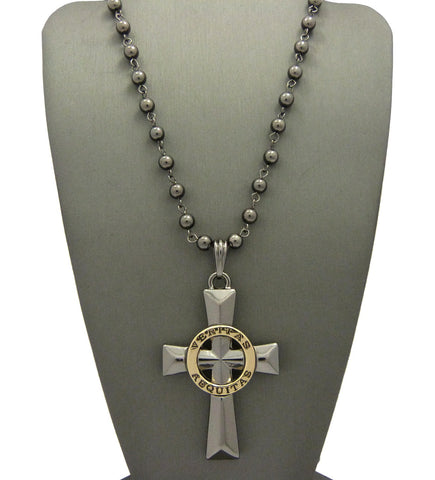 Gold-Tone Veritas Aequitas Pendant 6mm 30" Bead Chain Necklace in Hematite-Tone