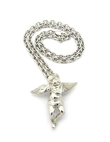 Solitaire Angel Pendant 4mm 18" Link Chain Necklace for Women - Silver-Tone