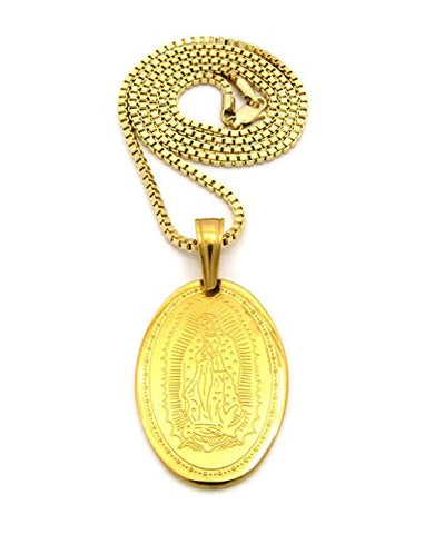 Imprinted Stainless Steel Virgin Mary Pendant 2.5mm 24" Box Chain Necklace in Gold-Tone