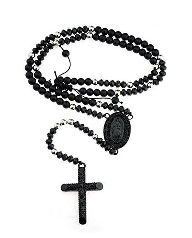 Black-Tone Mother Mary and Crucifix Jesus Pendant 8mm 36" Rosary Bead Chain