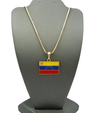 Venezuela Flag Pendant with 2mm 24" Box Chain Necklace - Gold-Tone