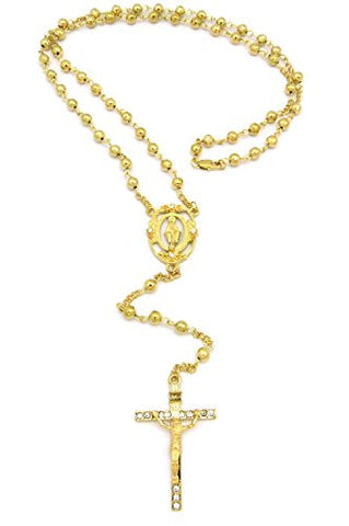 Oval St. Mary and Pave Crucifix Jesus Cross Pendant 36" Rosary Bead Necklace - Gold-Tone