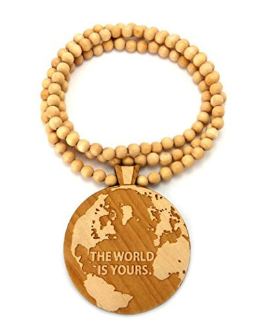 The World is Yours Wood Globe Pendant 36" Wooden Bead Chain Necklace in Natural-Tone WX75NL
