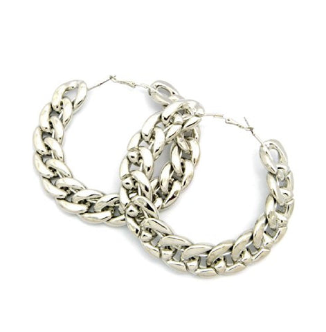 Thick Link Chain Hoop Earrings in Polished Silver-Tone