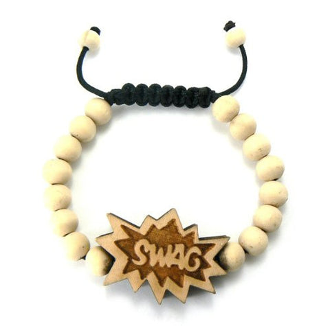 SWAG Wooden Pendant Wood Bead Chain Hip Hop Bracelet in Natural-Tone WB9NL