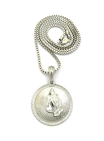 Solid Praying Hands Medallion Pendant w/ 2mm 24" Box Chain Necklace in Silver-Tone