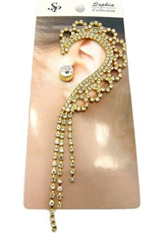 Rhinestone Circles Dangle Ear Cuff and Stud Earring in Gold-Tone