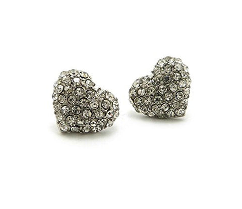 Clear Stone Pave Heart Stud Earrings in Silver-Tone