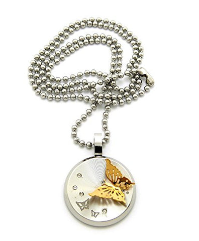 Two-Tone Butterfly Charm Medal Pendant Necklace with 2mm 24" Stainless Steel Ball Chain