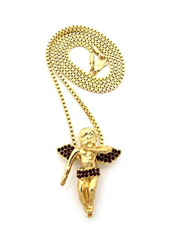 Dark Red Stone Stud Floating Angel Pendant 2mm 24" Box Chain Necklace in Gold-Tone