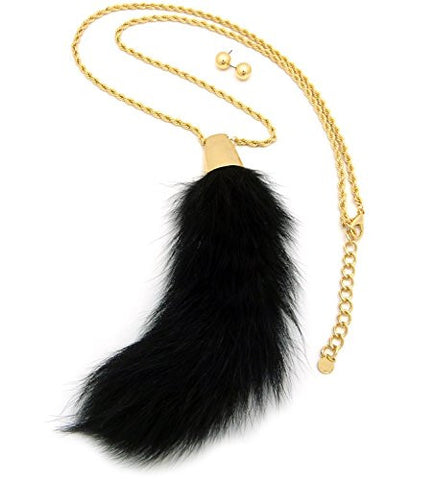 Puffy Ponytail Necklace with 30" + Extension Rope Chain and Ball Stud Earrings - Black/Gold-Tone