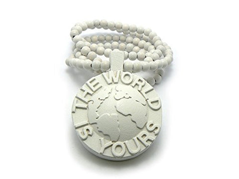 The World is Yours Globe 3D Wood Medal Pendant 8mm 36" Wooden Bead Chain Necklace in White
