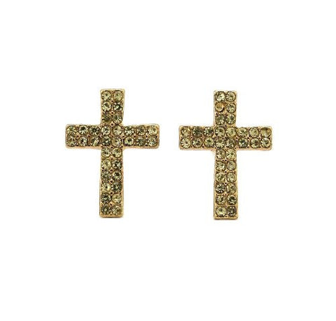 Double Row Yellow Stone Cross Stud Earrings in Gold-Tone