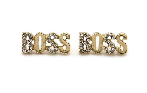 Rhinestone Pave BOSS Stud Earrings in Gold-Tone