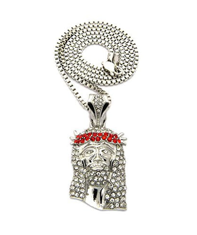 Red Stone Stud Jesus Face Pendant w/ 2.5mm 24" Box Chain Necklace in Silver-Tone
